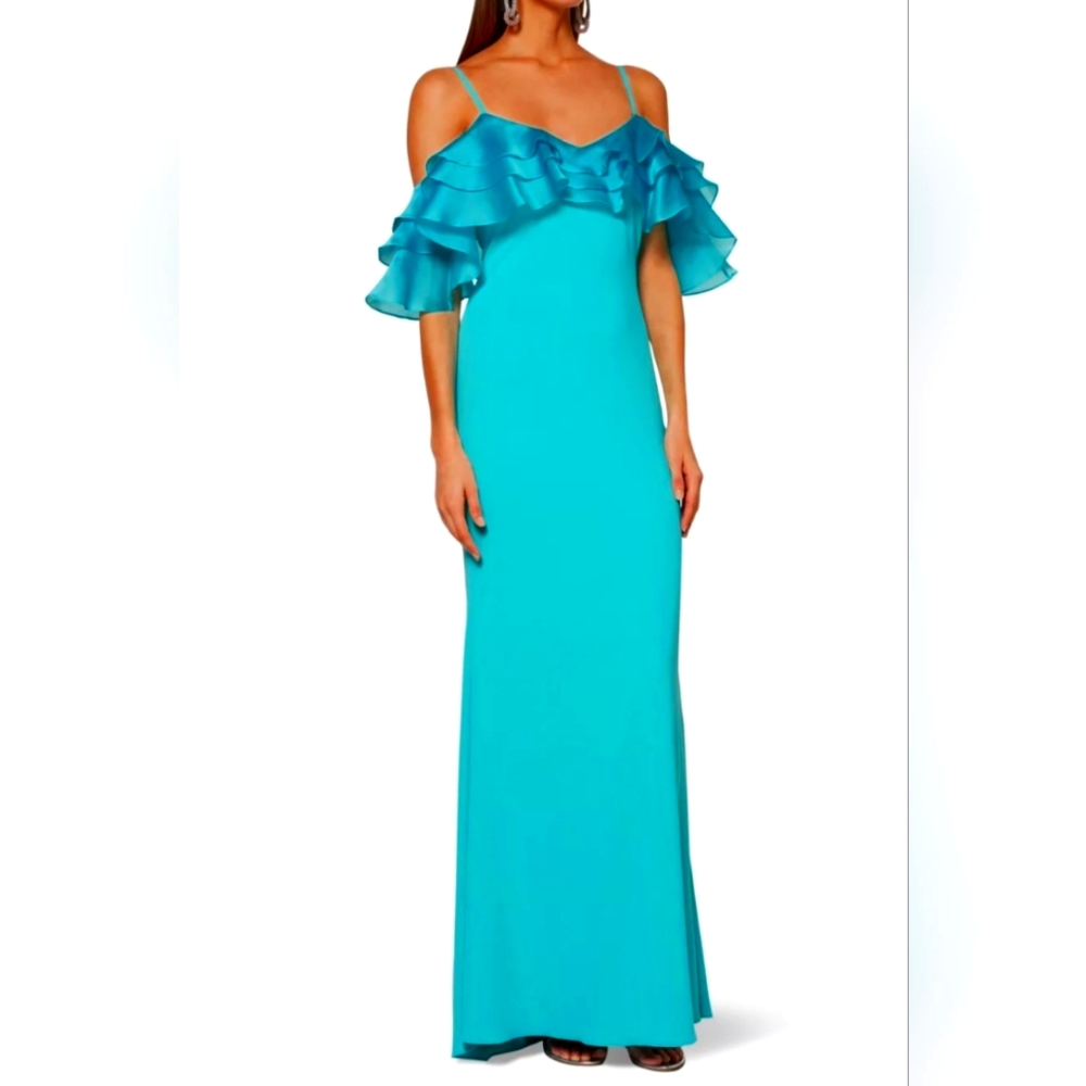 Badgley MischkaTurquoise Sleeveless Ruffle Gown